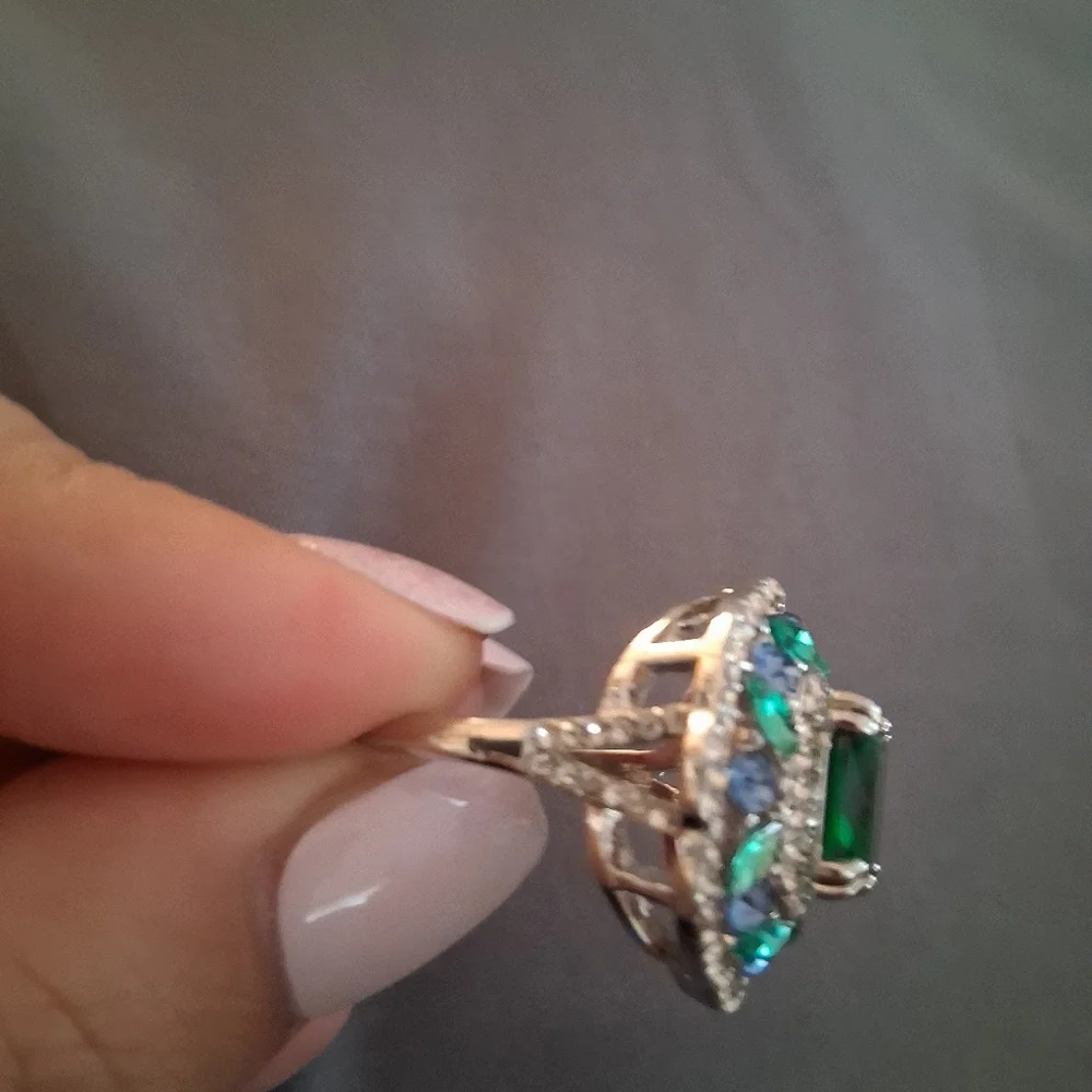 Vintage- Inspired Emerald Green And Blue Statement Ring Size 8/ Gift Ready